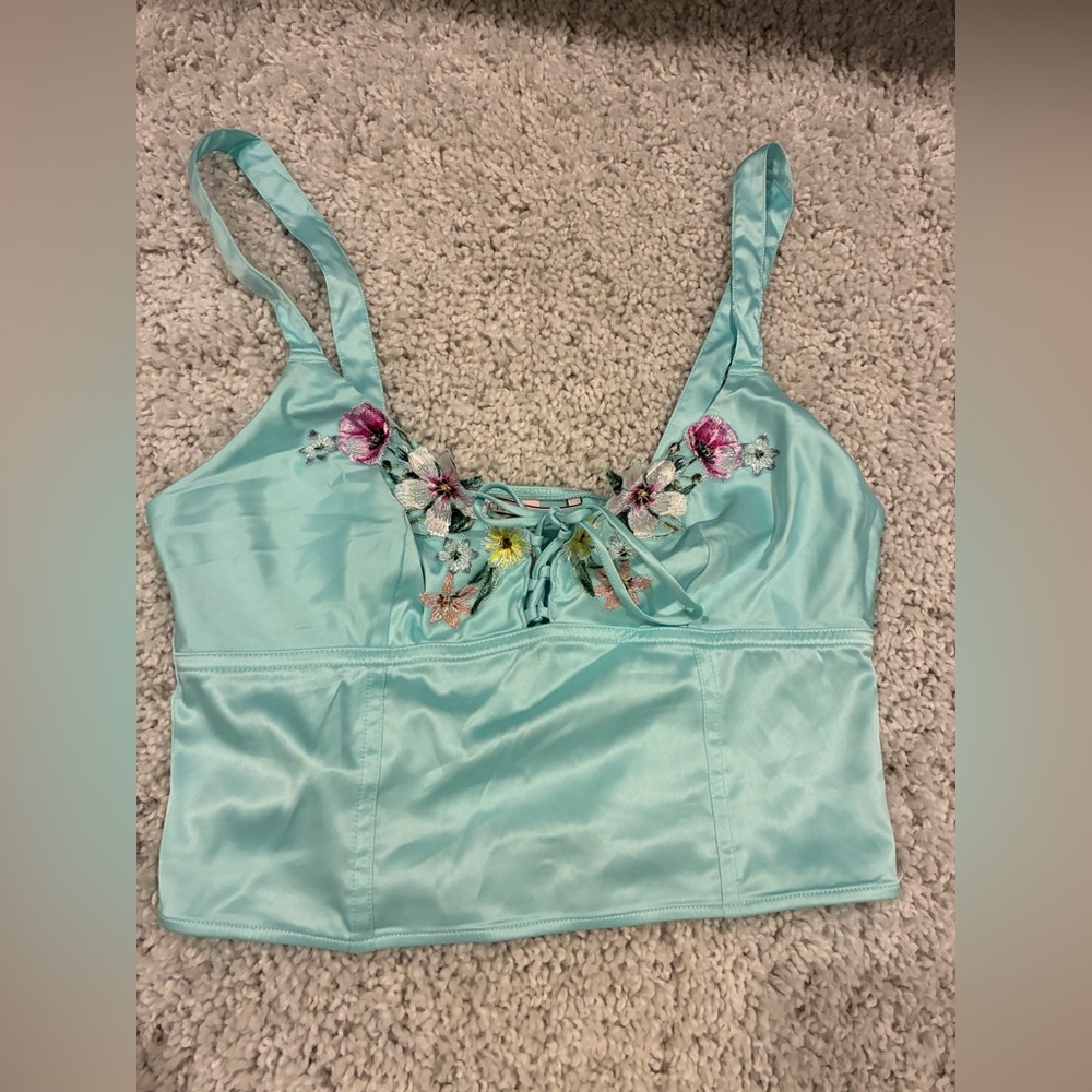 Victoria’s Secret Teal Satin Floral Crop Top Womens Size Small NWOT
